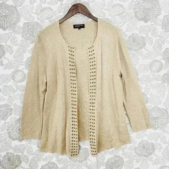 Jones New York Collection Open Front Studded Women's Knit Cardigan M Beige - Picture 1 of 7